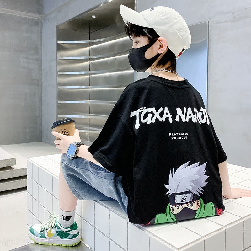 Summer New Children's Short sleeved Naruto Round Neck Middle and Big Children's Pure Cotton T-shirt