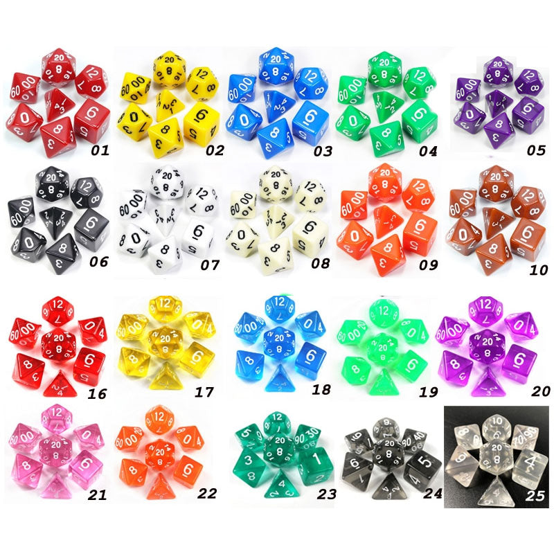 7pcs/set Transparent Digital Polyhedral Rich Color Dice,Set of D4 D6 D8 D10%D12 D20 for Dnd Rpg Board Game Dice