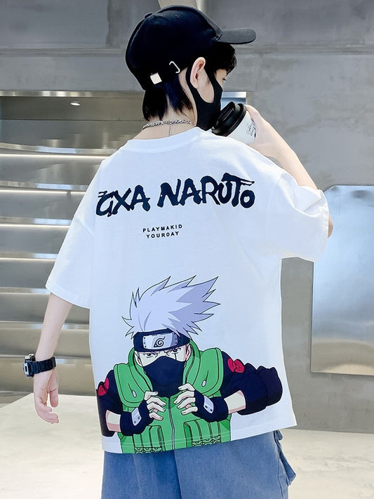 Summer New Children's Short sleeved Naruto Round Neck Middle and Big Children's Pure Cotton T-shirt